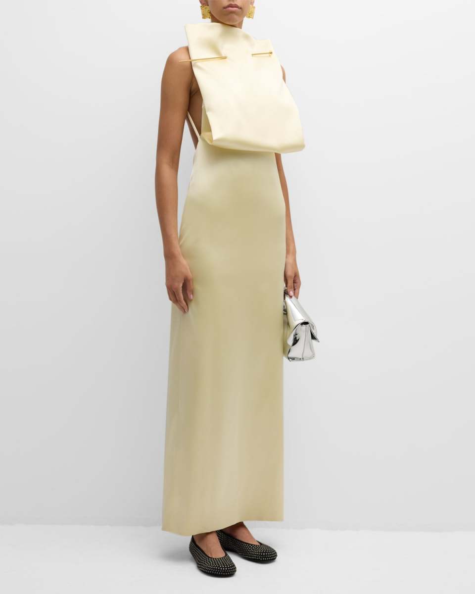 Square Top Satin Gown with Metal Pin